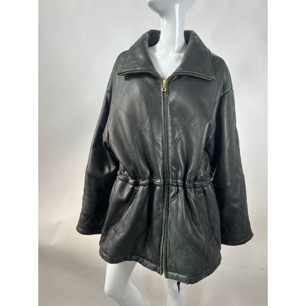 Marc Womens Leather Jacket Black Full Zip Stitched Pockets Insulated Collar L